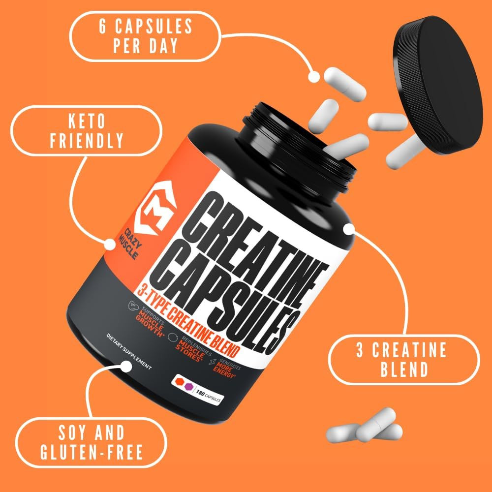 Creatine Capsules, 5G Premium 3X Threeatine Pre Workout Bulk Muscle Mass Gain…