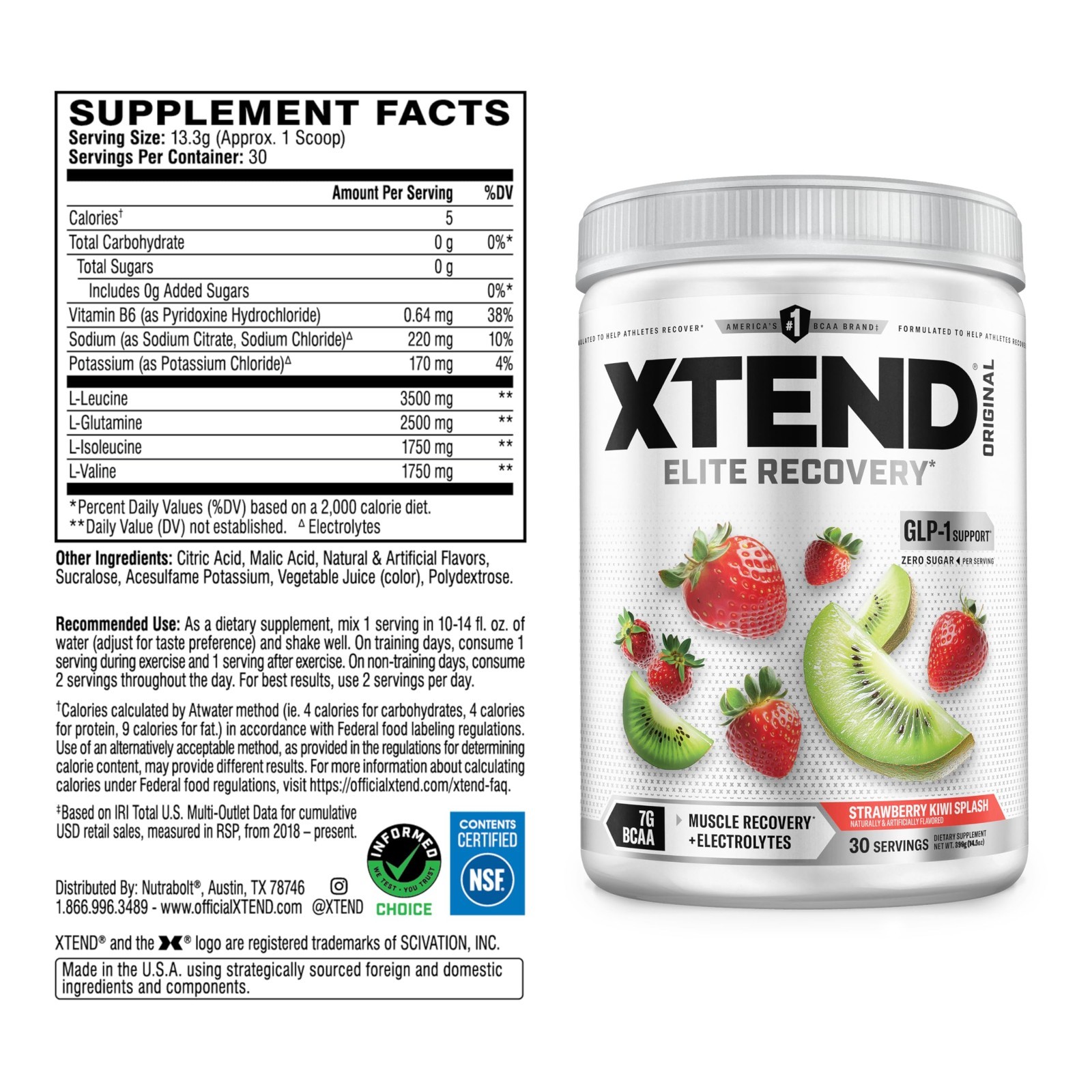 BCAA Powder for Muscle Recovery & Hydration, 7g BCAAs, Sugar-Free, Strawberry Ki
