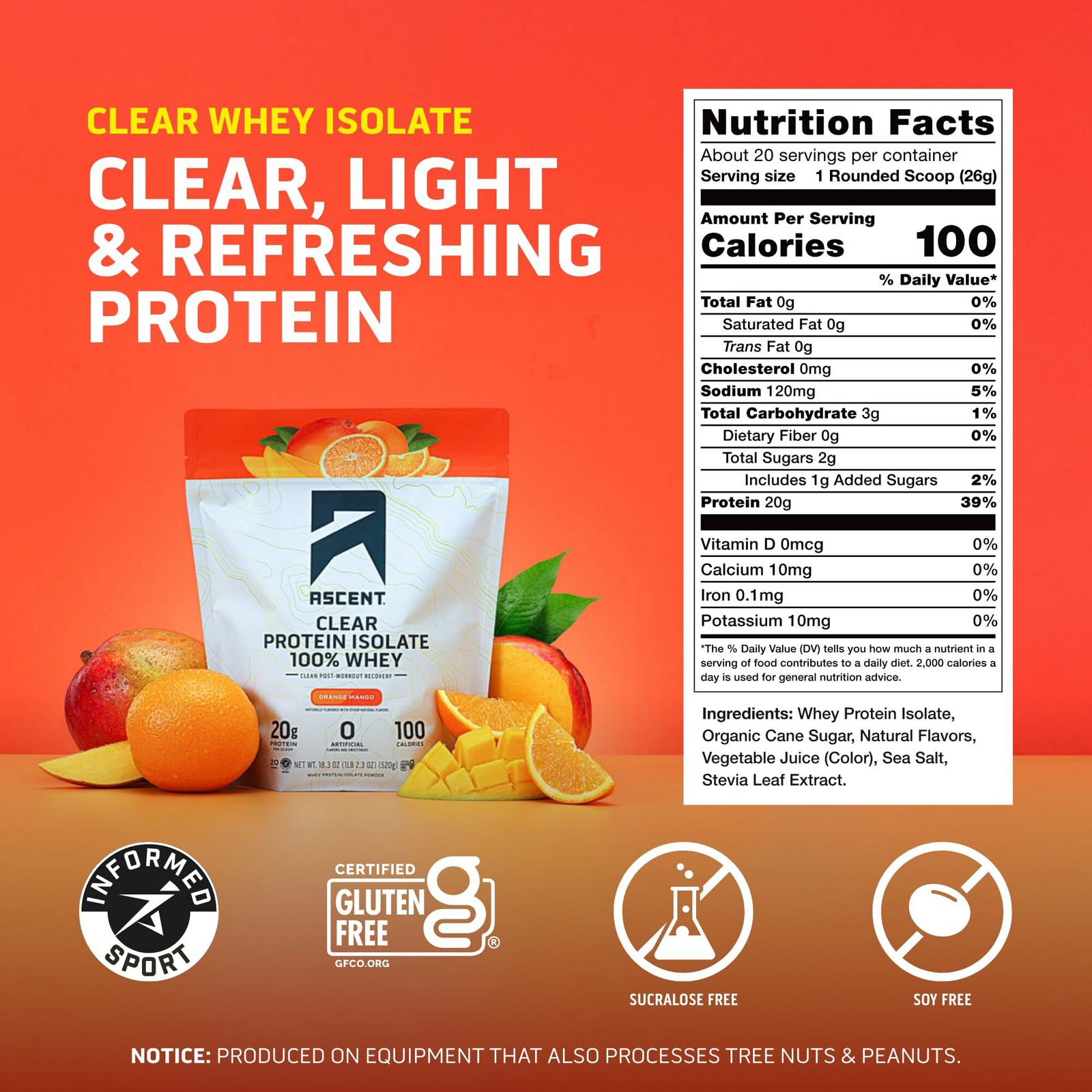4/27 Ascent 100% Clear Whey Protein Powder Post Workout Orange Mango 20 Servings
