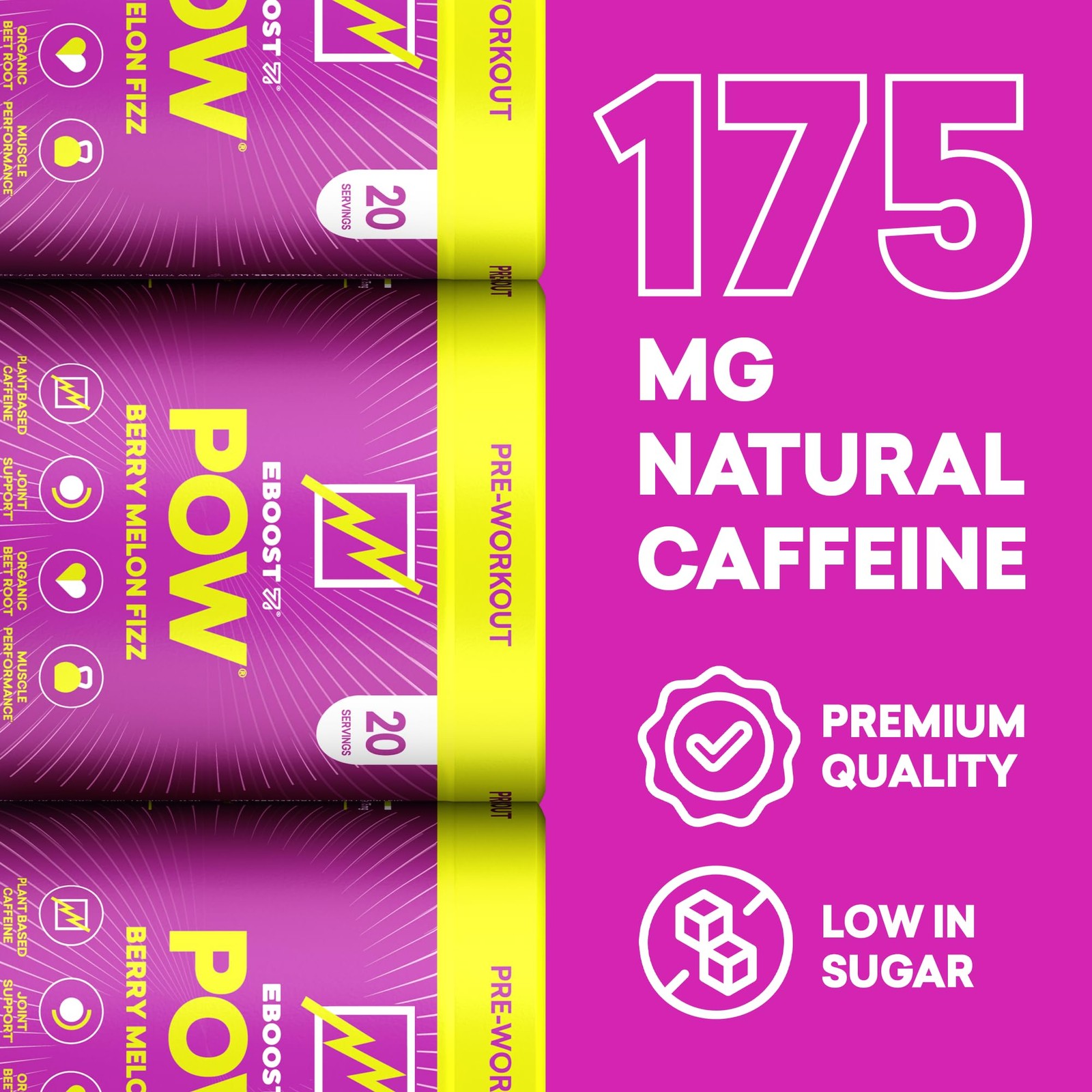 EBOOST POW Natural Pre 20 Servings (Pack of 1), Berry Melon Fizz 20