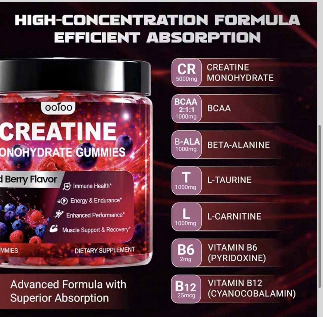 oofoo Creatine Monohydrate Gummies 5000mg 120ct Mixed Berry Vegan Sugar Free