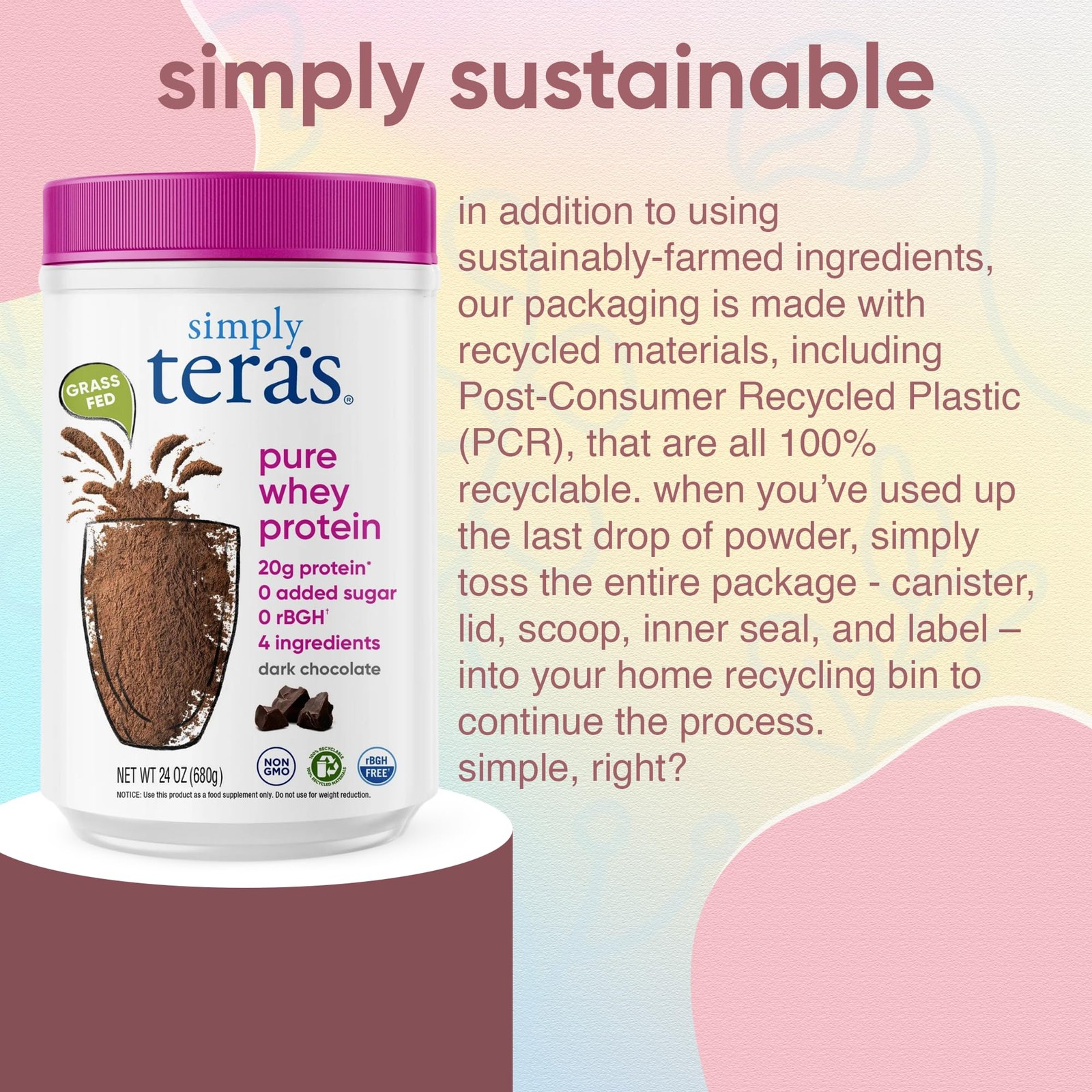 simply tera’s Pure Whey Protein Powder Dark Chocolate Clean Protein Powder, …