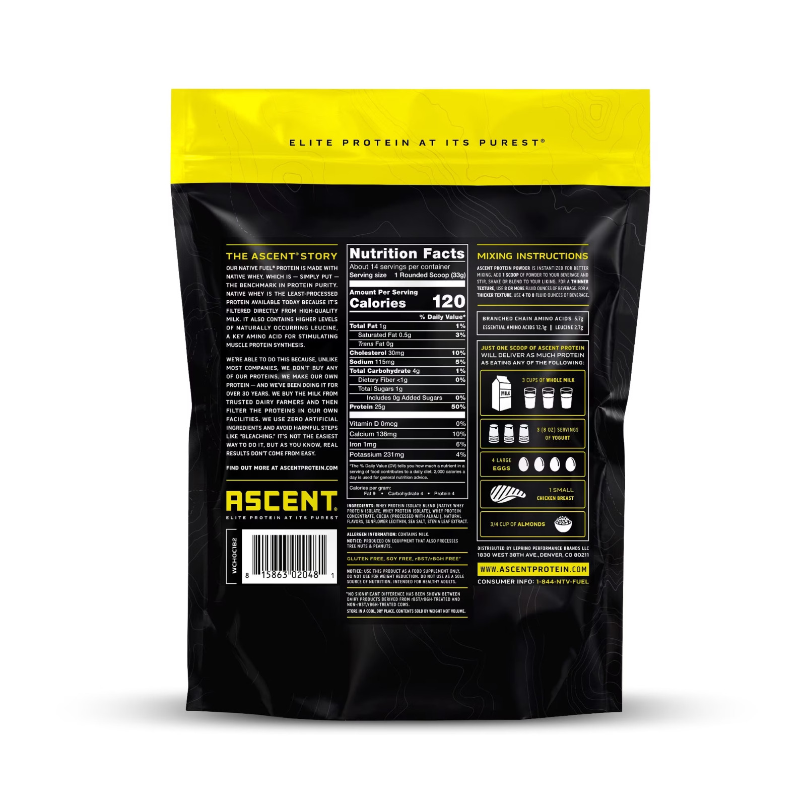 Ascent Native Whey Protein Powder Blend Chocolate 1 lb High Protein Supplement