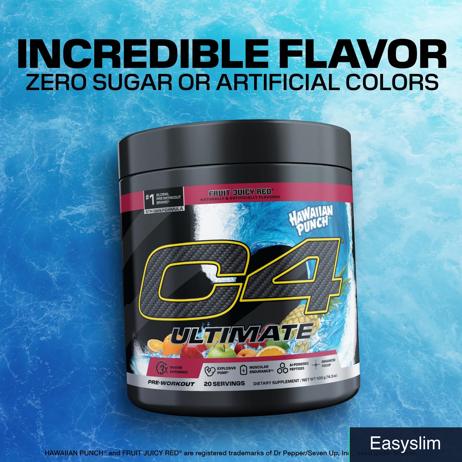 Pre-Workout Energy Powder 300mg Caffeine Hawaiian Punch Sugar-Free 20 Servings