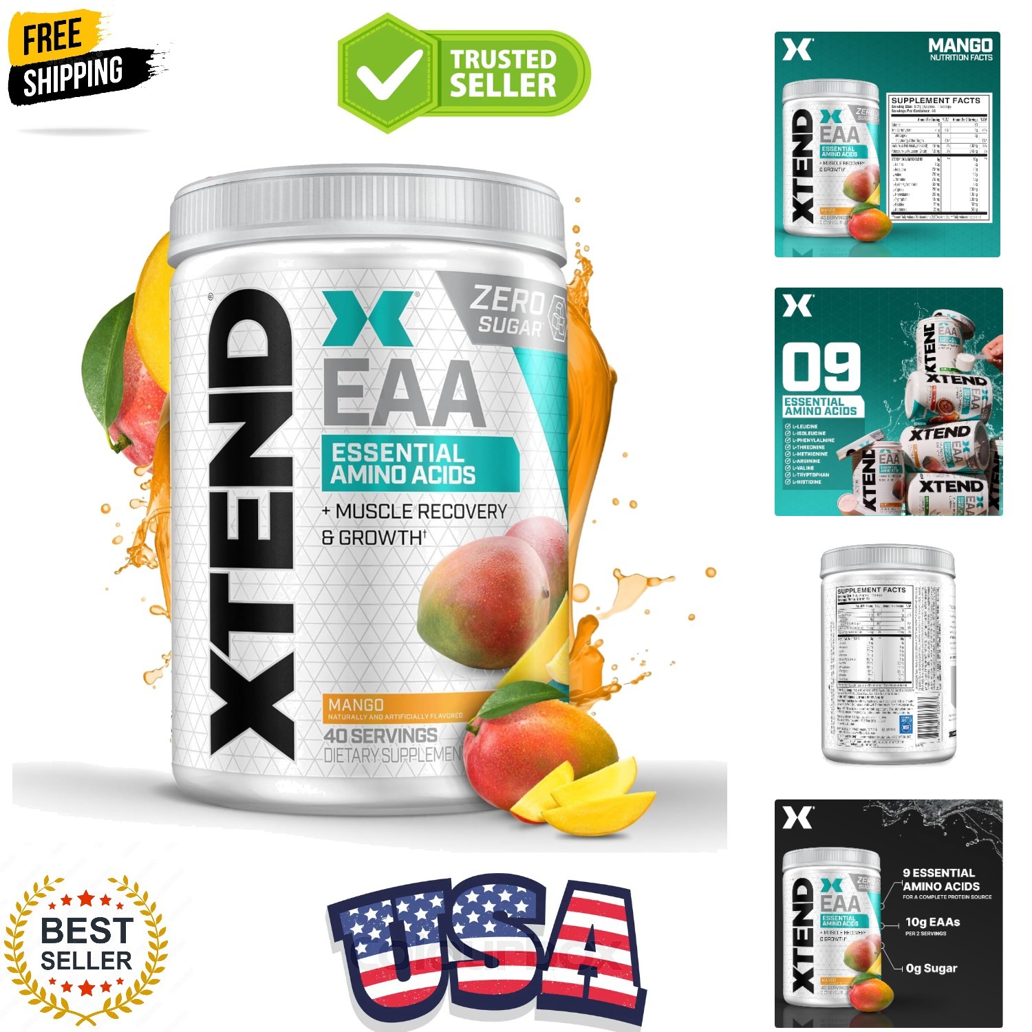 Mango XTEND EAA + BCAA Supplement – 10g EAAs, 40 Servings for Lean Muscle Growth