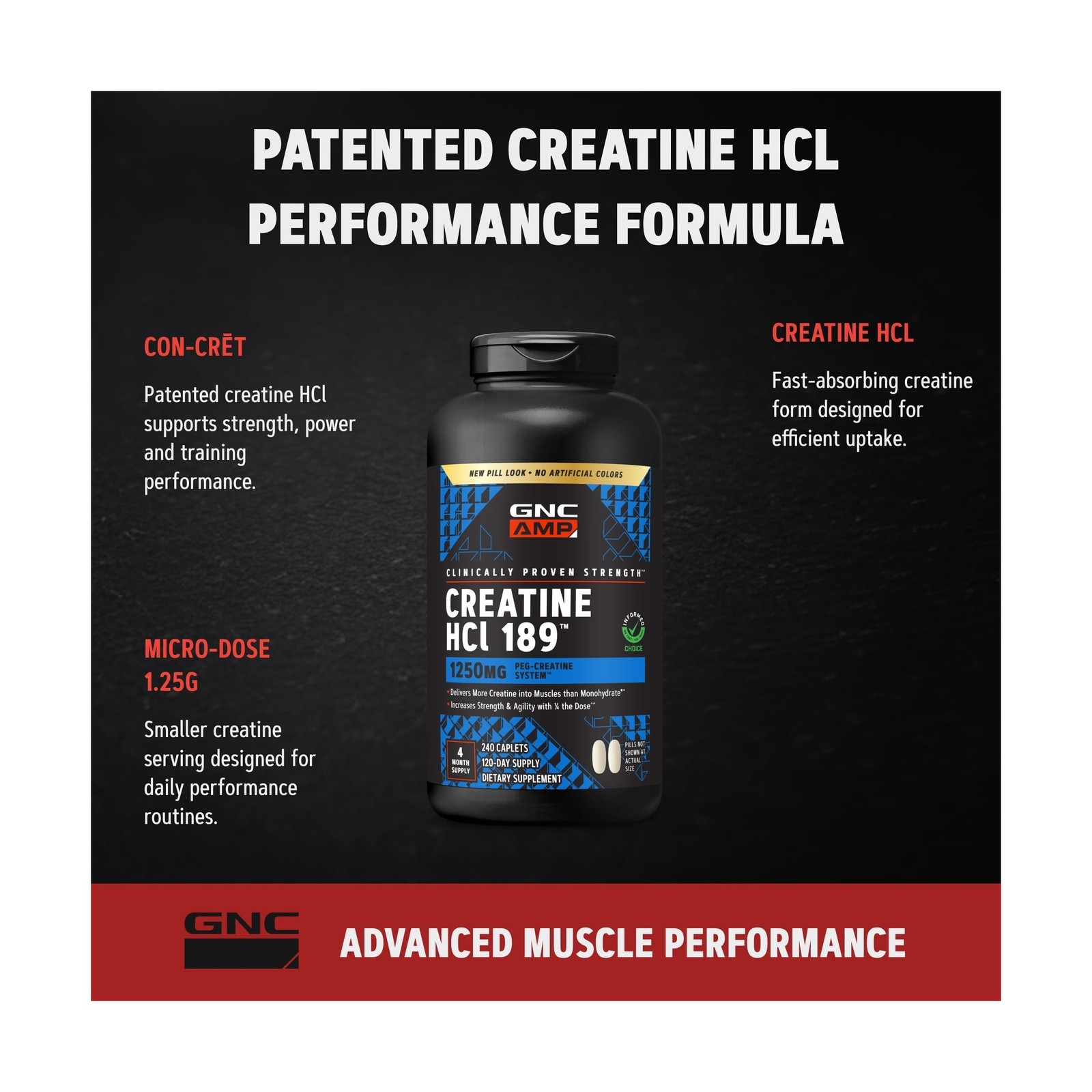 GNC AMP Creatine HCl 189 Pills, Supports Strength & Muscle Building, Athletic…