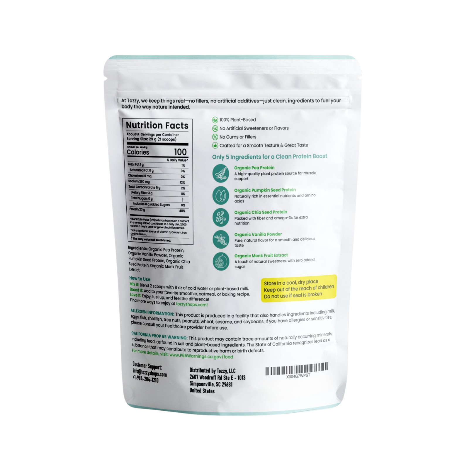 Organic Vegan Protein Powder- Vanilla,20g Protein-Only 5 Simple Ingredients 8 oz