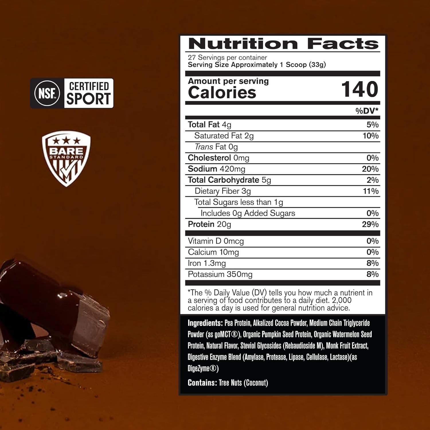 Bare Performance Nutrition Vegan Protein CHOCLATE 31.9 Oz EXP 5/26