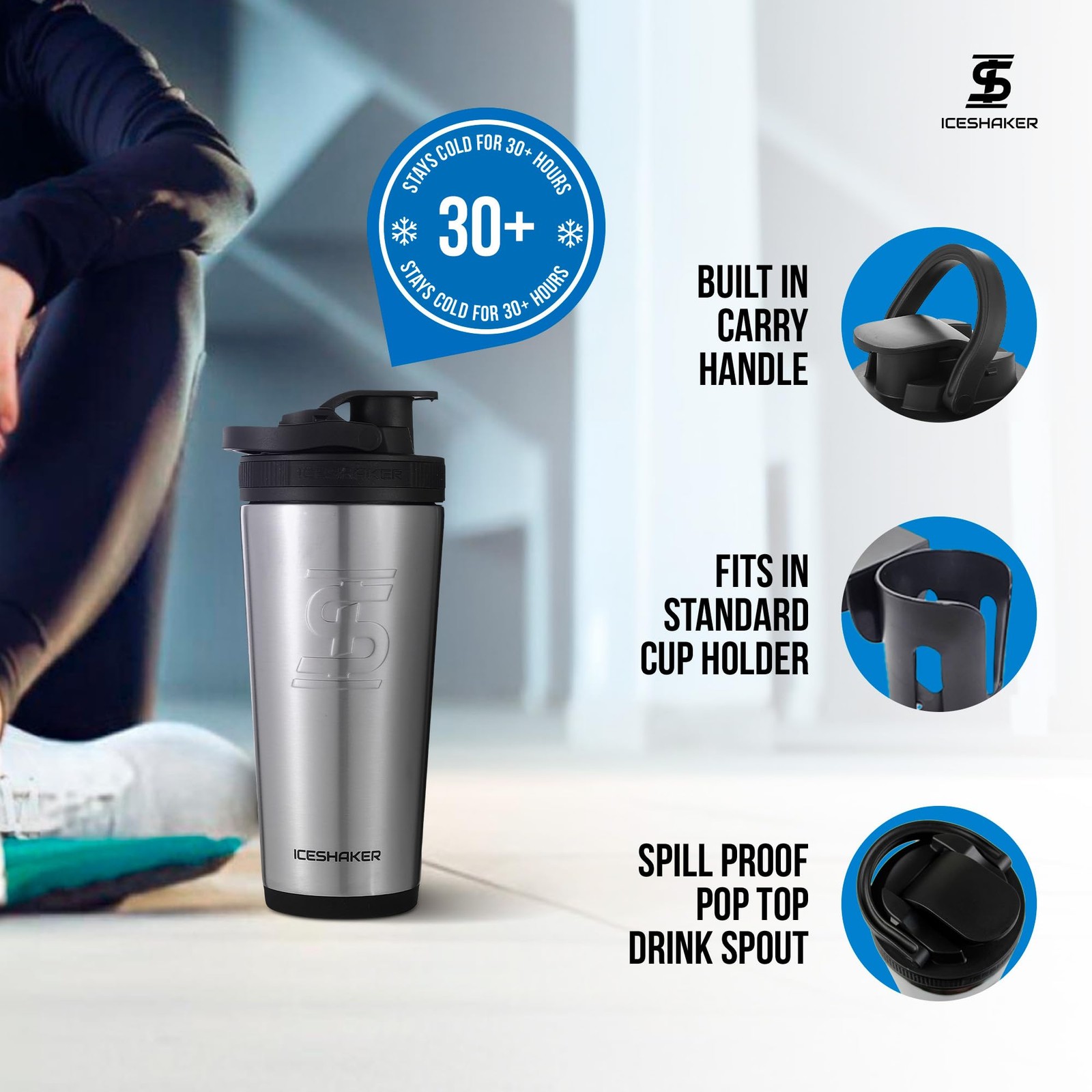 Ice Shaker Insulated Stainless Steel Shaker Bottle | 26oz, Stainless Steel | Col