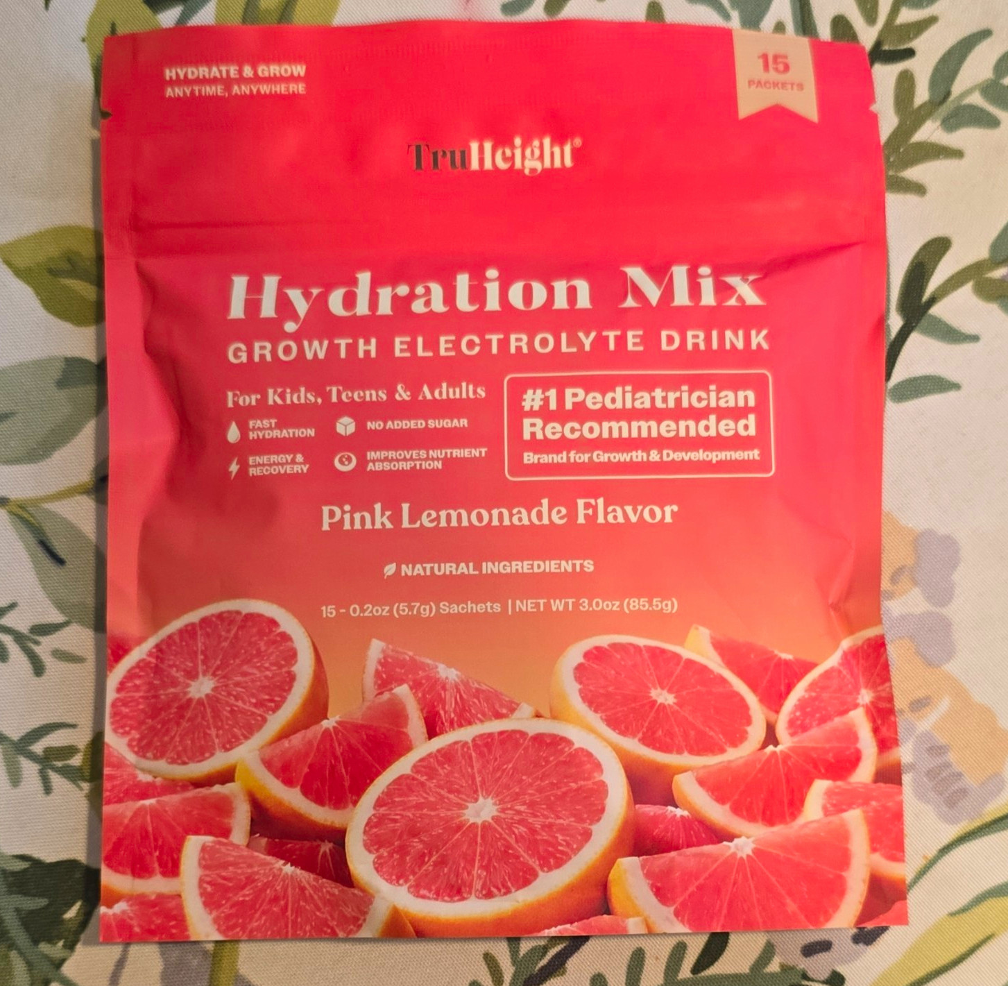 TruHeight Electrolyte Hydration Mix Pink Lemonade 15 Stick Packs 3.0 oz