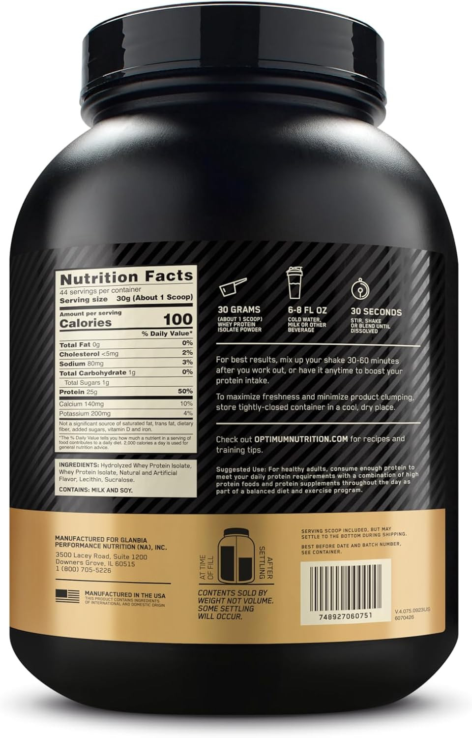 Gold Standard 100% Isolate, Protein Powder, Rich Vanilla, 2.91 Pounds, 44 Servin