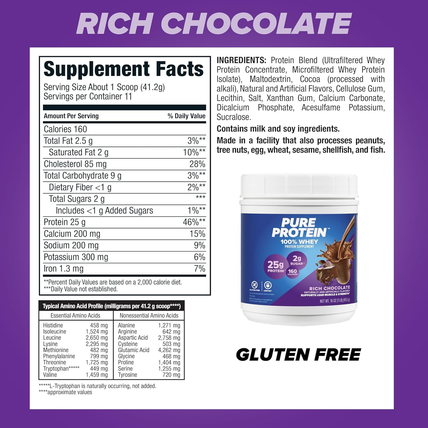 Pure Protein Powder, Whey, High Protein, Low Sugar, Gluten Free, Rich Chocolate