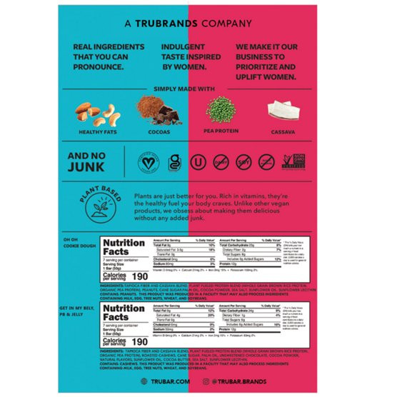 TRUBAR Plant Based Protein Bar Variety Pack Cookie Dough PB & Jelly 16 Bars