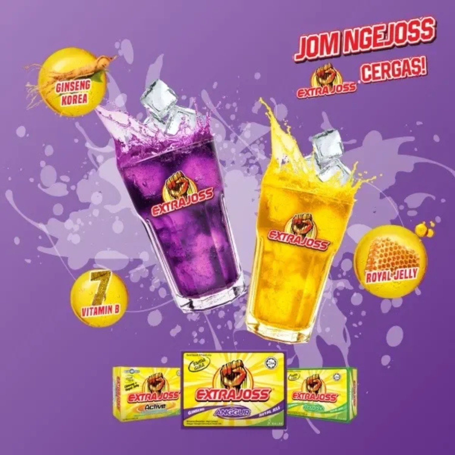 1 BOX (60 Sachet) Extra Joss Grape Flavour Sugar Free Energy Drink Powder