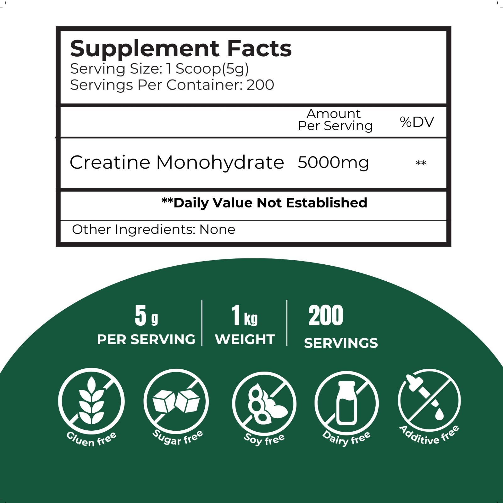 Creatine Monohydrate Powder Muscle gain Micronized 5g per serv 1000g Unflavored