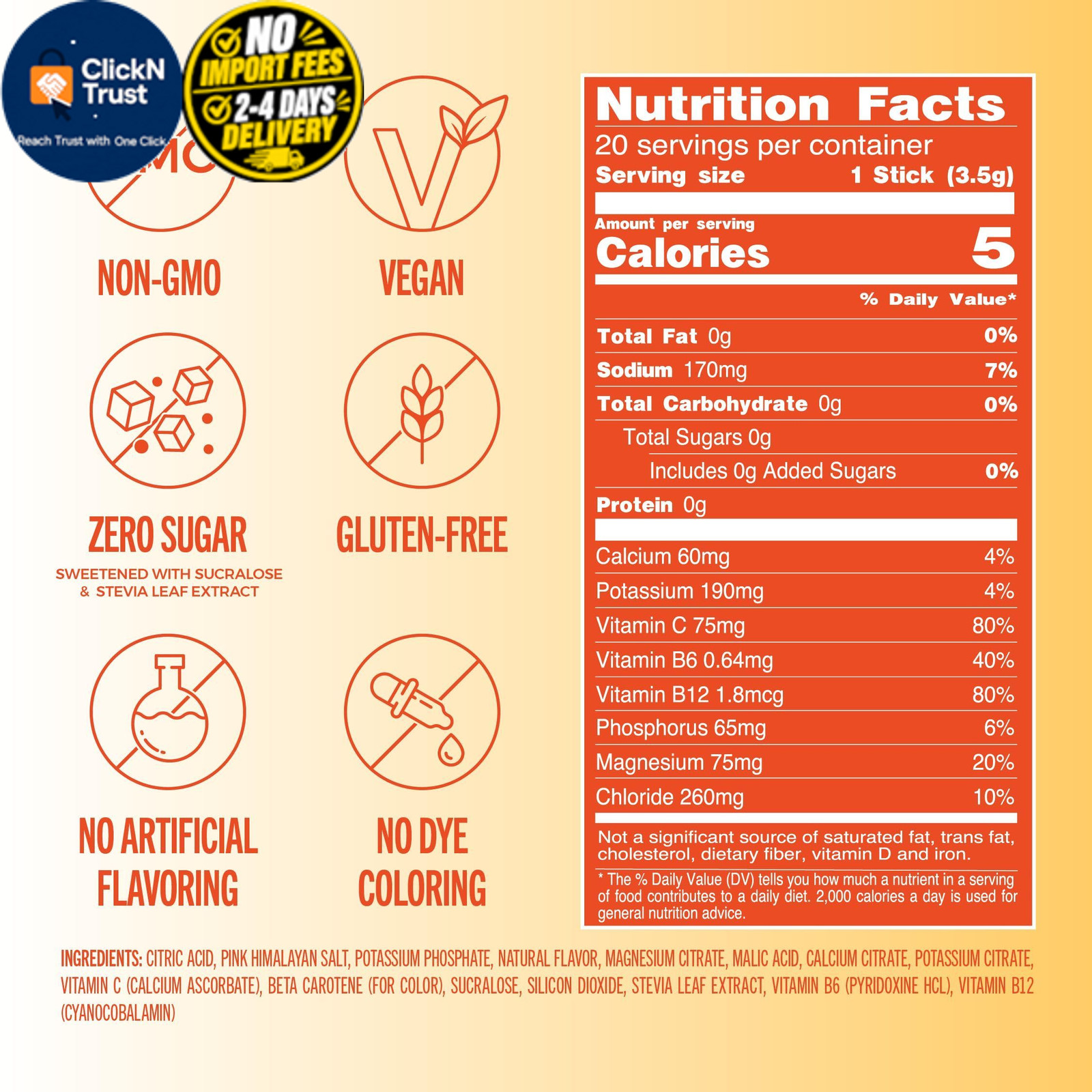 TREVI Electrolytes Powder Packets, Sugar Free Hydration, Orange 20 Servings