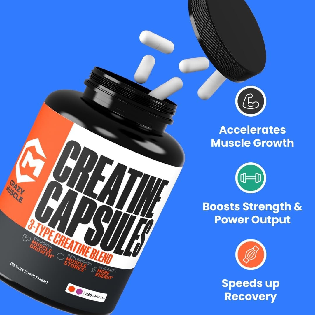 Crazy Muscle ThreeAtine Creatine Monohydrate Capsules 5g Pure, 3X Formula Pre…