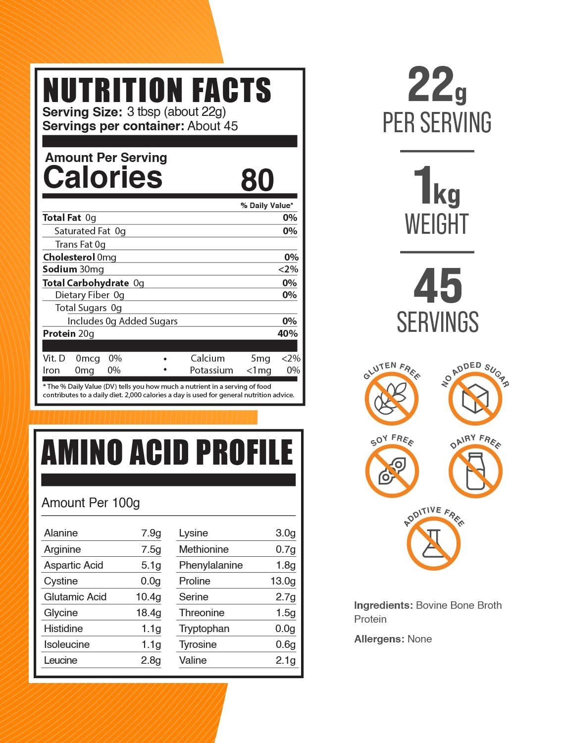 Lactose Free Beef Bone Broth Protein Powder 22G Protein Unflavored 2.2 Lbs