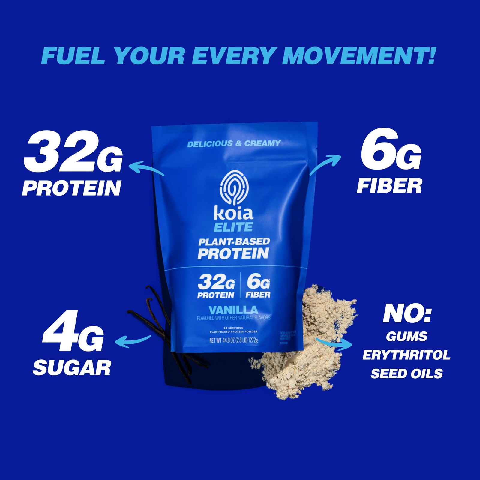 Koia Plant Based Protein Elite Powder, Vanilla, 32g Protein, 4g Sugar, 6g Prebio