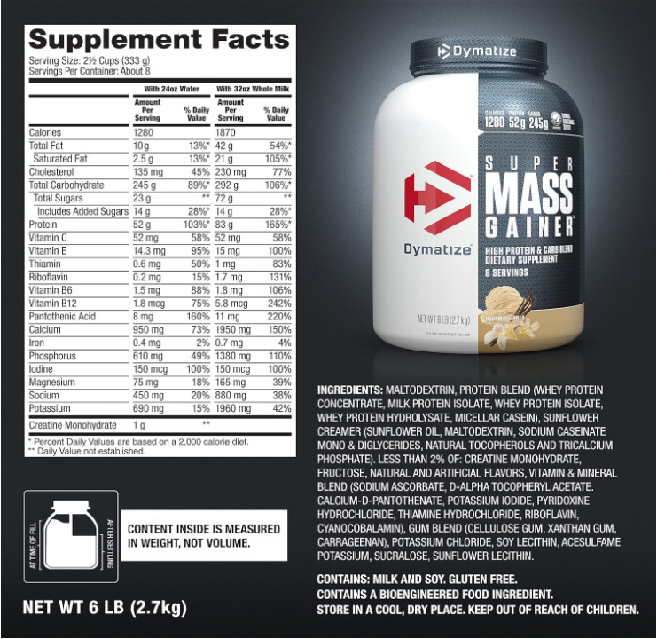 Dymatize Super Mass Gainer, Gourmet Vanilla, 52g Protein, 8 Servings