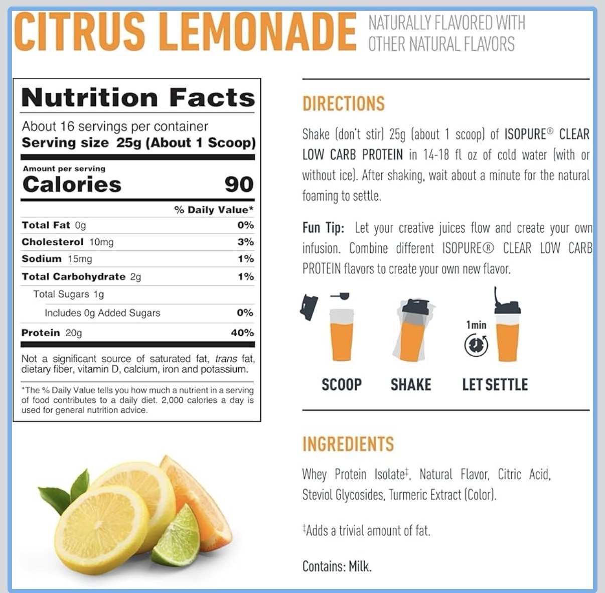 Isopure Clear Whey Protein Isolate Powder- Citrus Lemonade 36serv 31.75oz (900g)