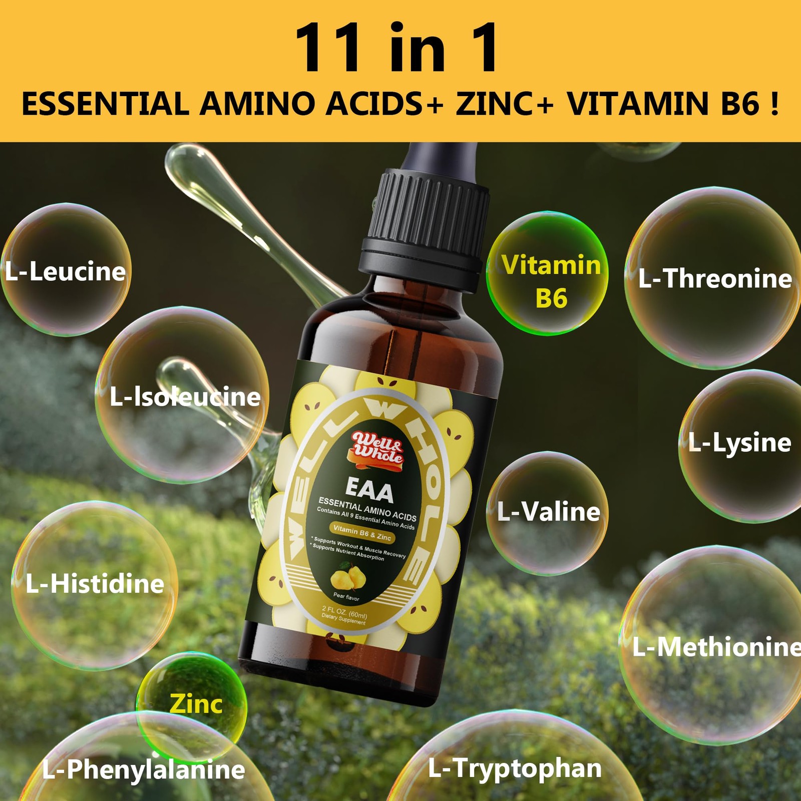 EAA Liquid Drops Amino Acid & Liver Support w/ B6 Zinc 2oz Non-GMO Vegan