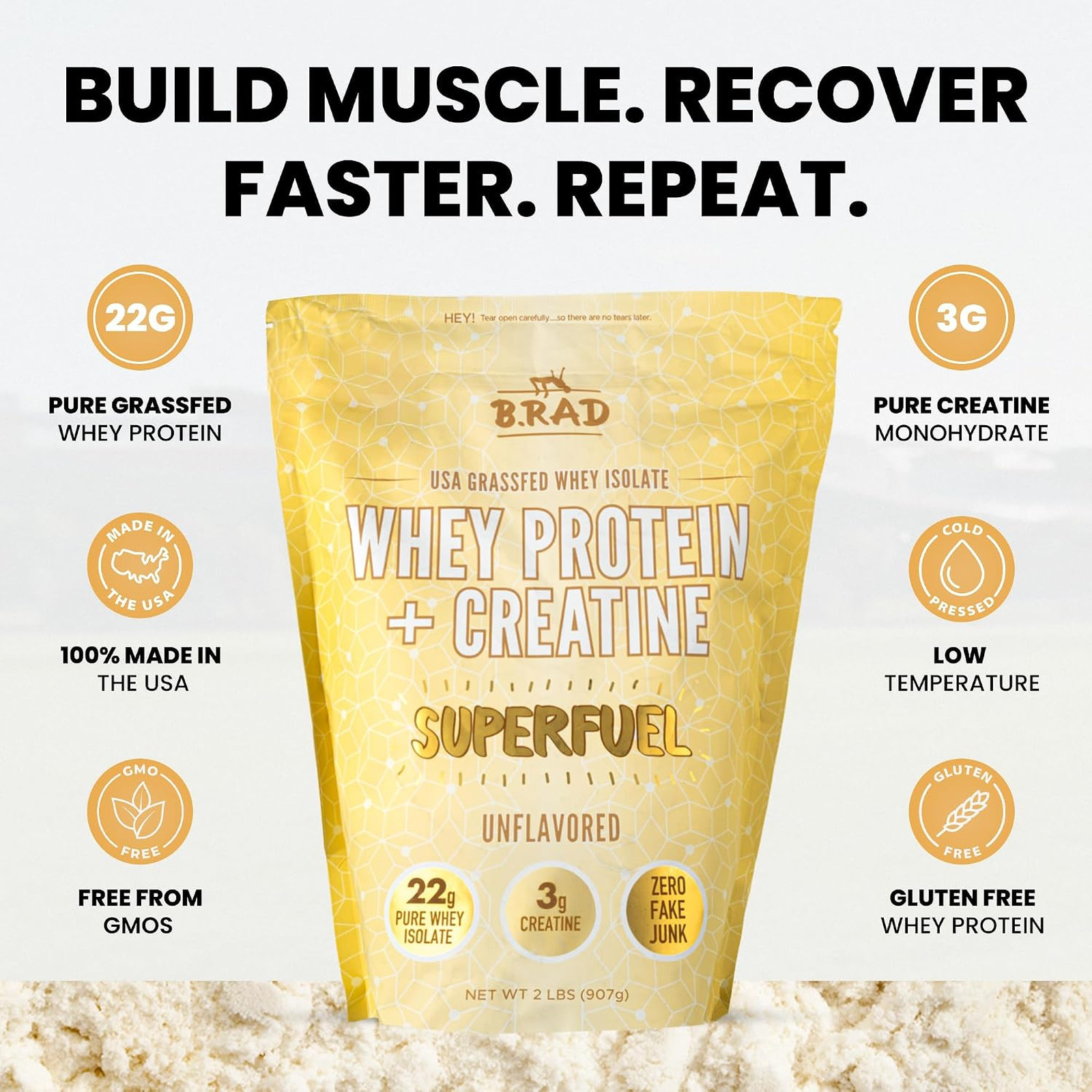 Whey Protein Isolate with Creatine, Grass Fed USA Sourced, Unflavored, 2 lb, 32