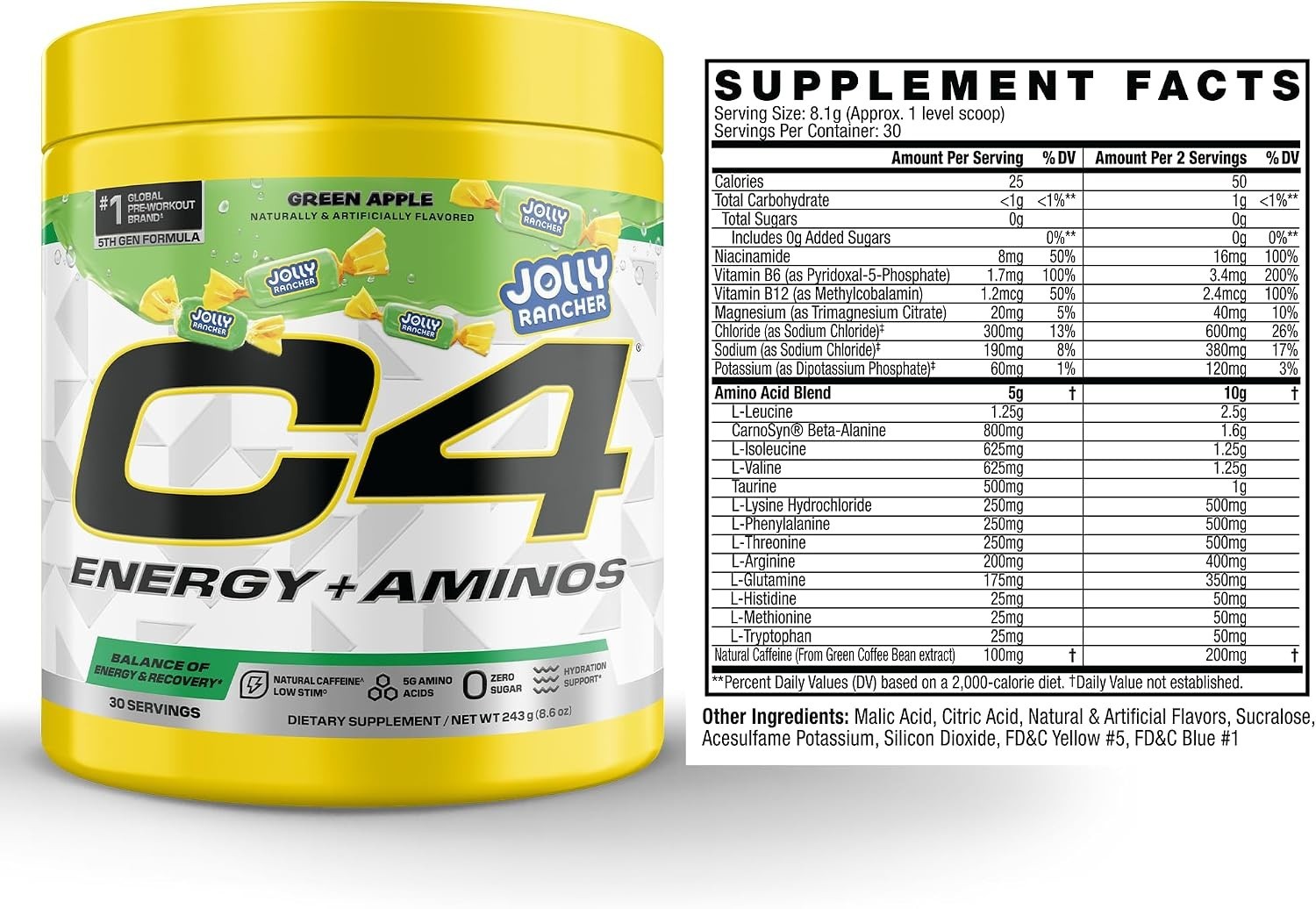 Energy and Aminos Powder 5g BCAAs EAAs Jolly Rancher Green Apple Zero Sugar 3…