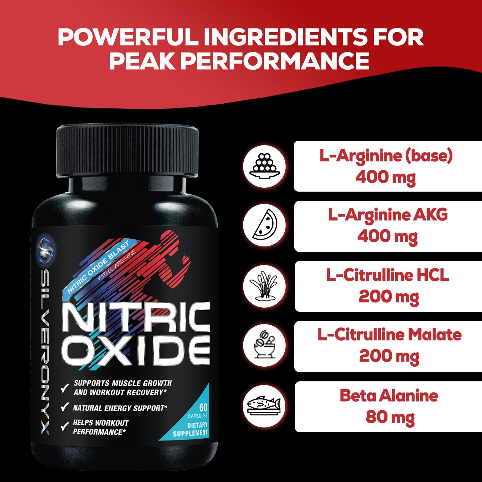 Nitric Oxide Supplement NO Booster 1300mg L Arginine & L Citrulline 60 Caps