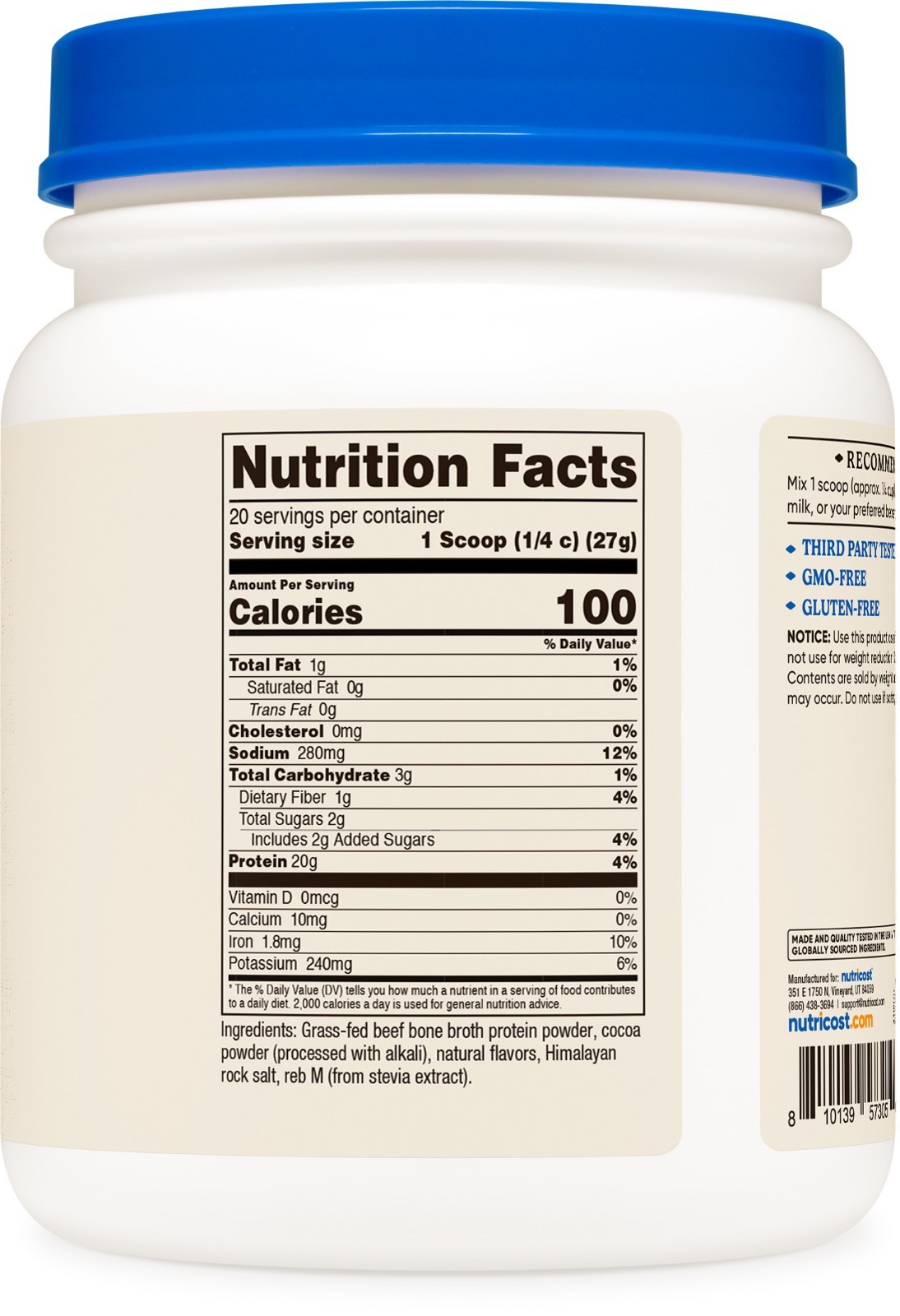 Nutricost Beef Bone Broth Protein Powder Chocolate (20 Servings) – Gluten-Free