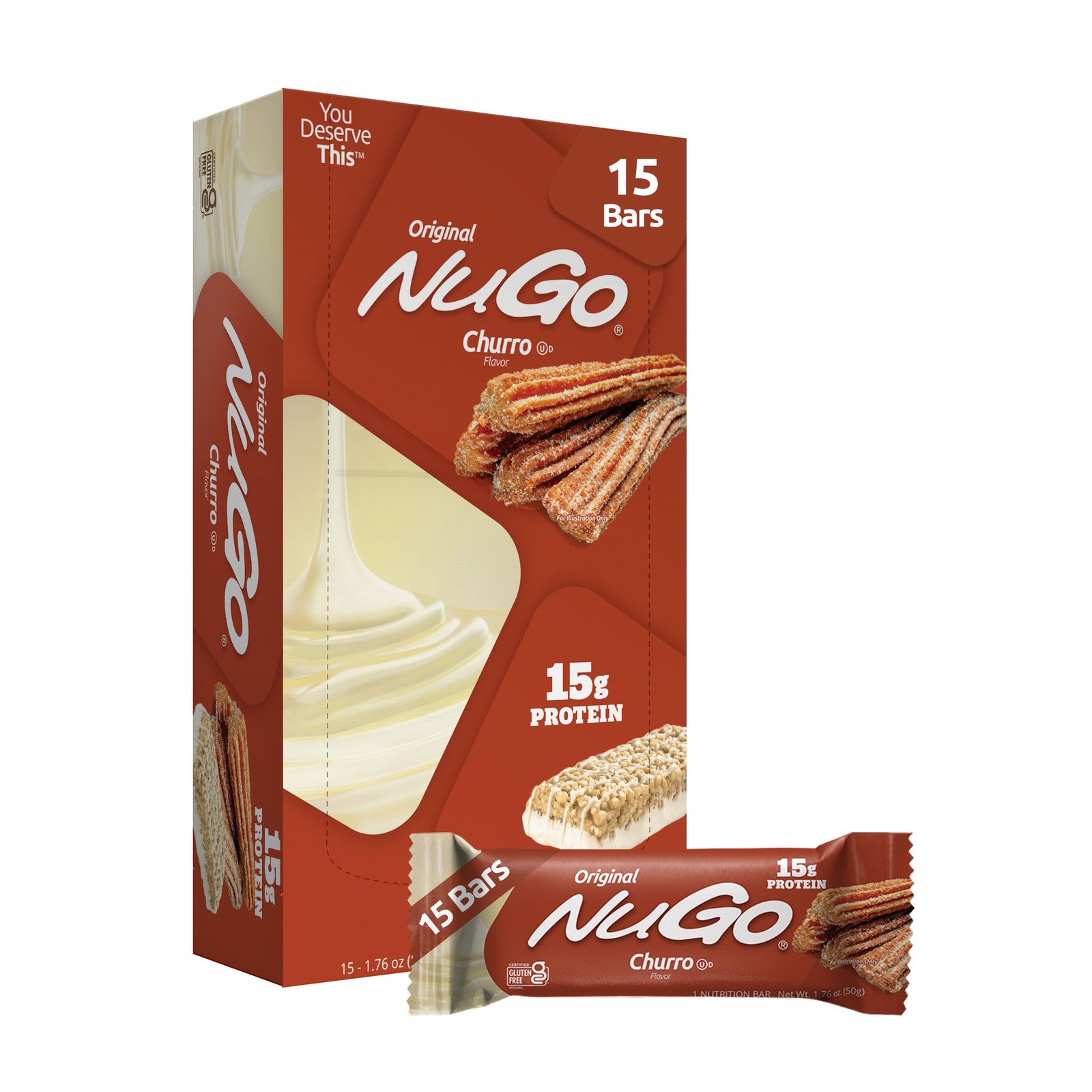 NuGo Original, Churro, 15g Protein Bar, Gluten 15 Count (Pack of 1), No Color