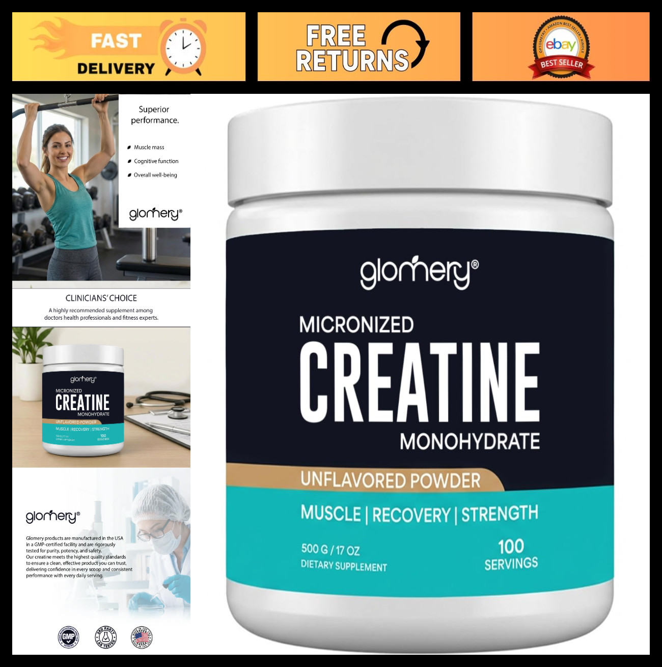 Micronized Creatine Monohydrate Powder, 100 Servings, Pure Muscle Strength & Per