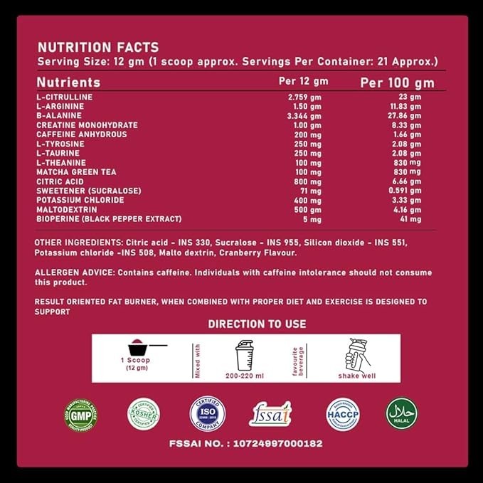 Muscles Xtrify Pre-Workout Powder Cranberry Flavour 250g Energy&Endurance Booste