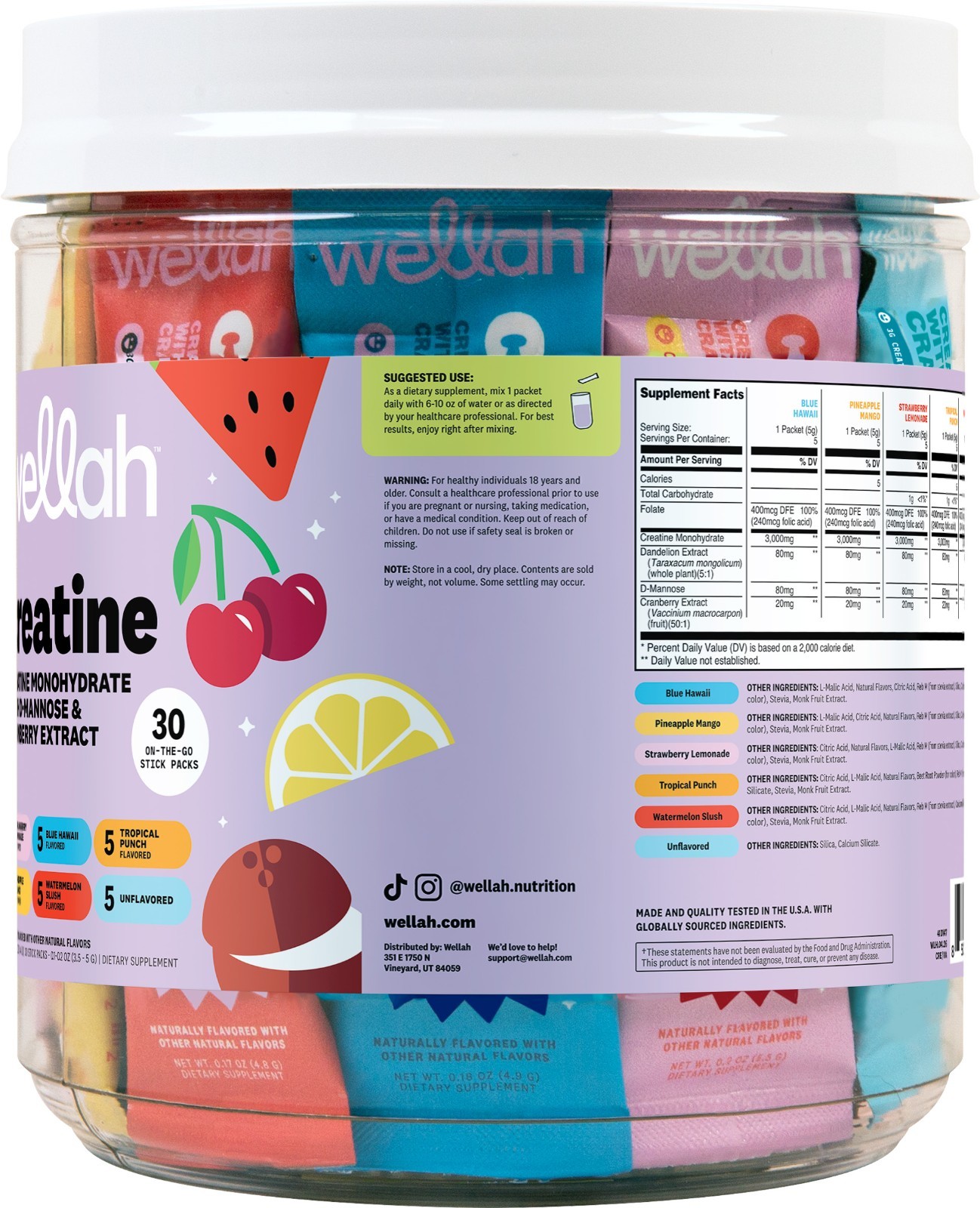 Wellah Creatine For Women (Variety Pack) 30 Stick Packs – 3g of Creatine