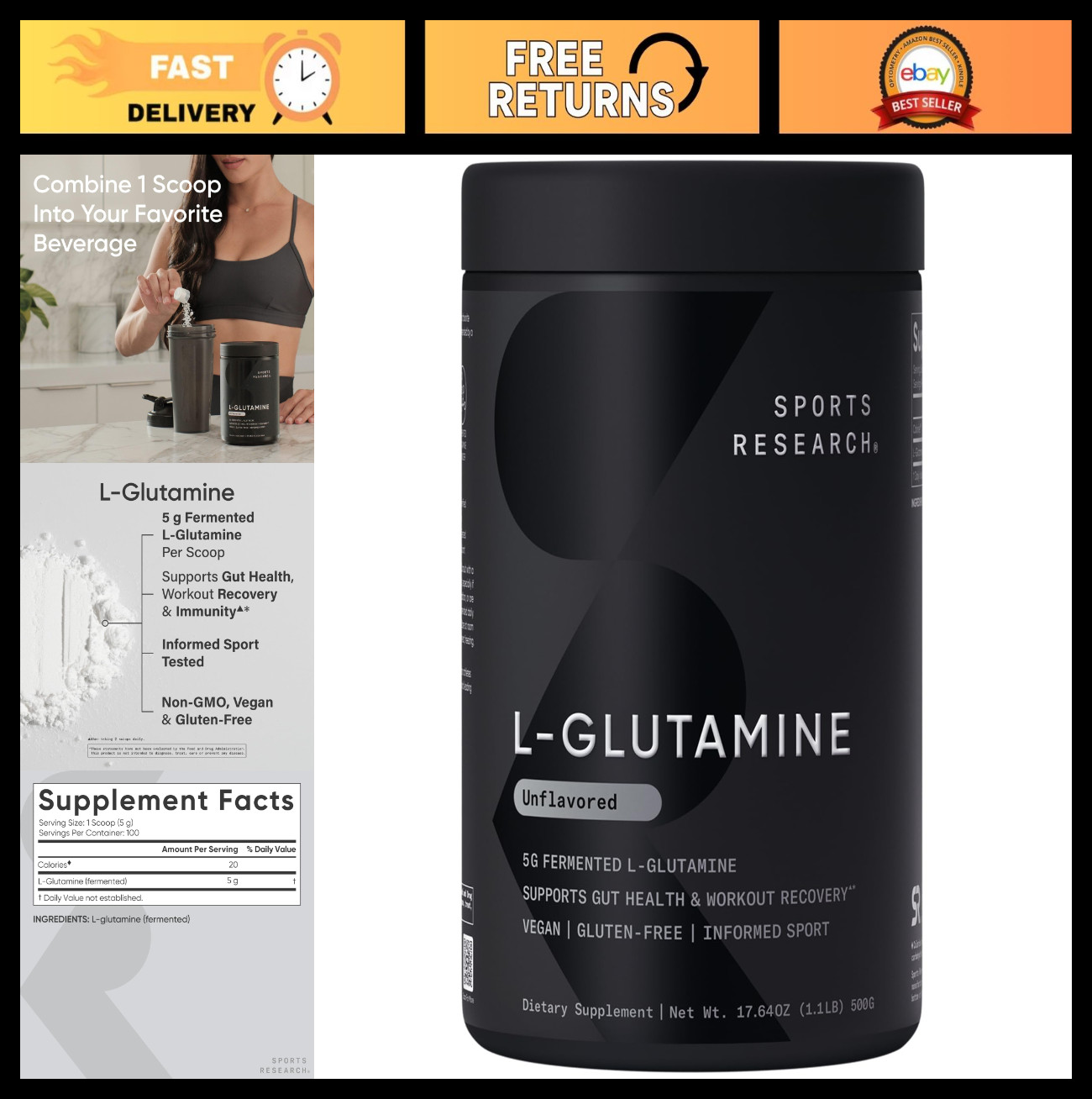 L-Glutamine Powder 5g Unflavored 17.64oz | Fermented Amino Acid for Recovery & G
