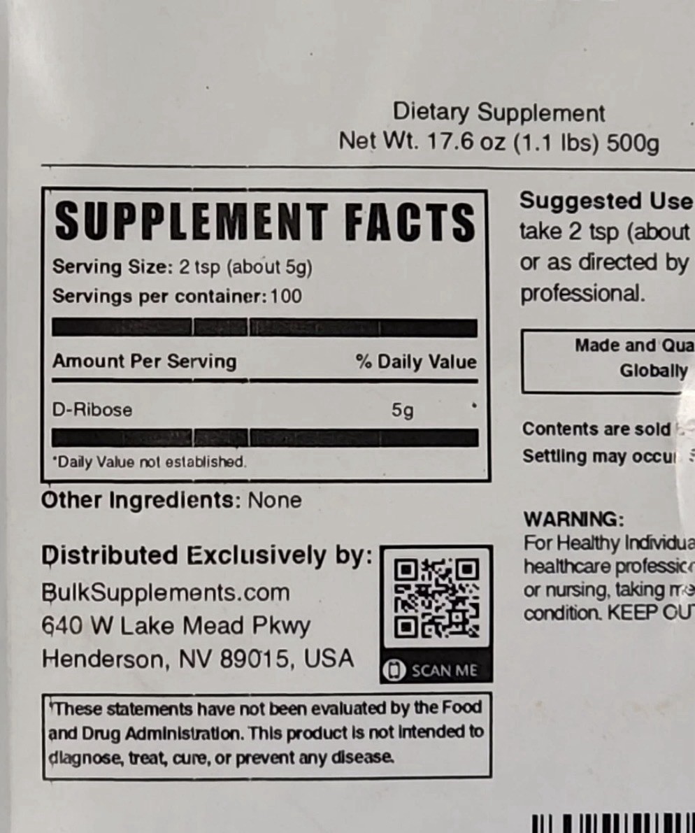BulkSupplements D-Ribose Powder 17.6oz – 5000 mg Per Serving – 100 serving size