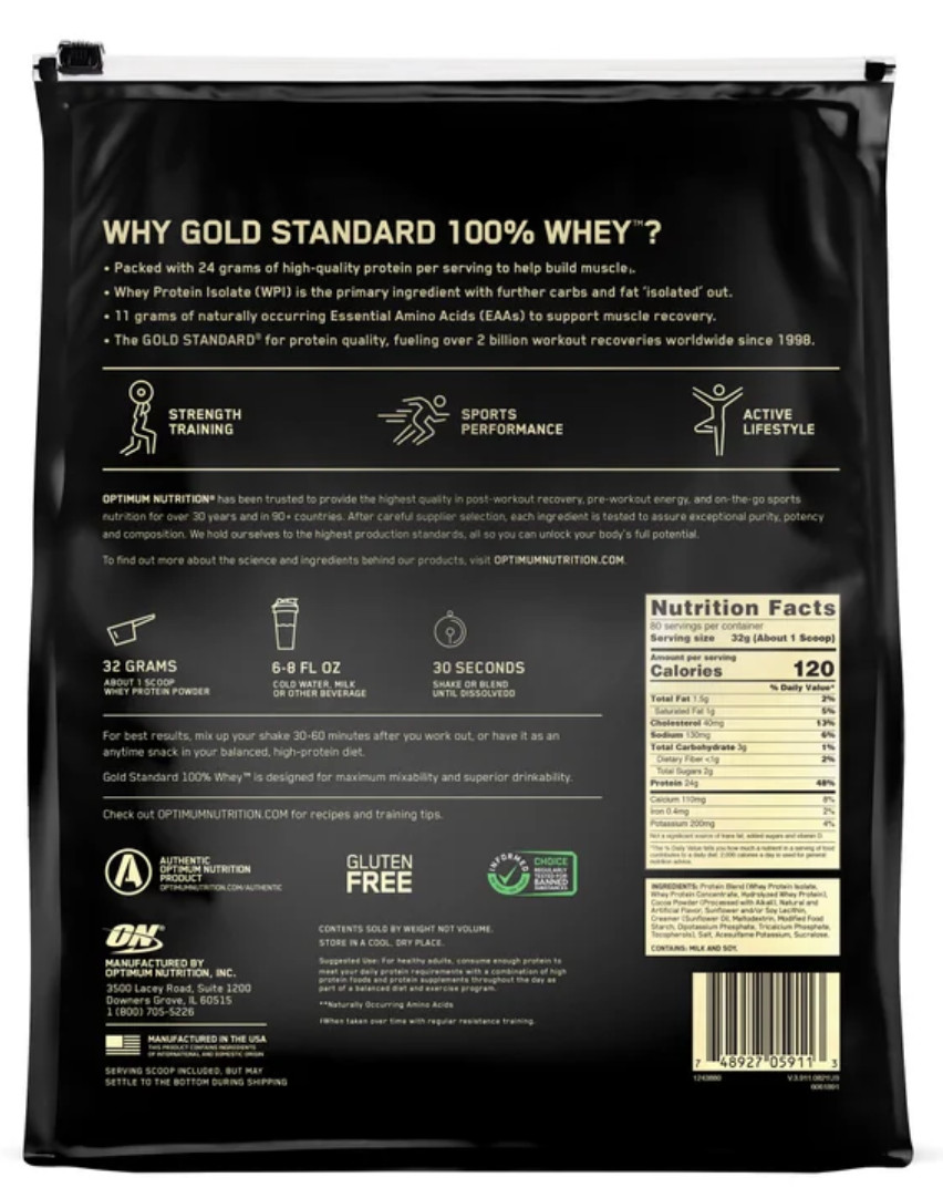 Optimum Nutrition Gold Standard 100% Whey Protein 5.64 lbs 80 Servings Chocolate