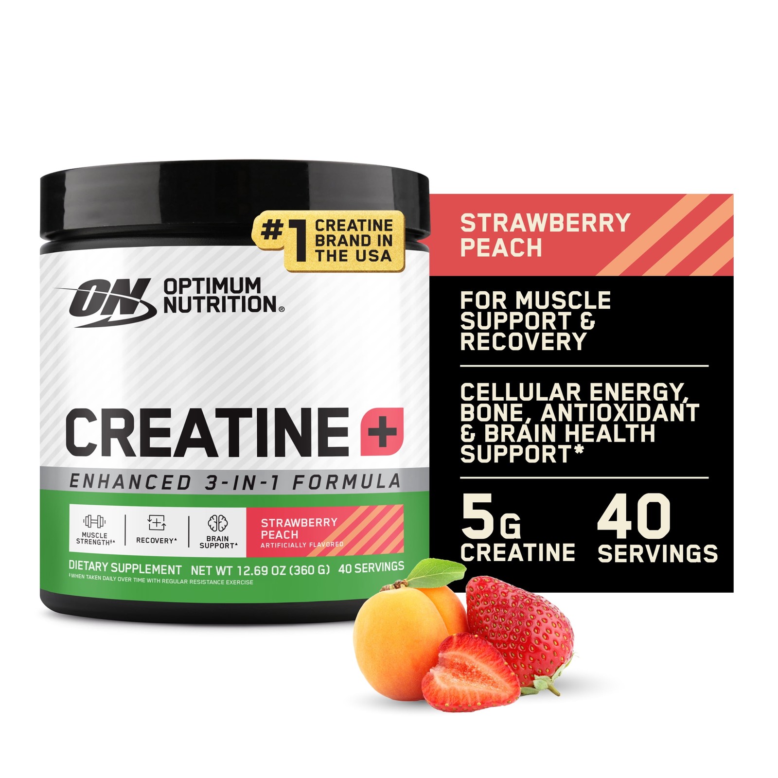 Optimum Nutrition Creatine Monohydrate plus Powder, Strawberry Peach Flavored Cr