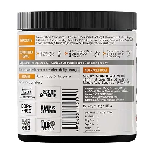 AS-IT-IS ATOM BCAA 250g with L-arginine,L-Carnitine,L-Citrulline Energy Burst&At