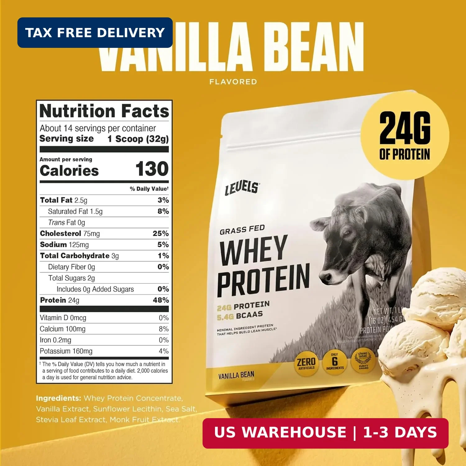 Levels Whey Protein Powder, No Artificial Ingredients, Vanilla Bean, 1LB | 24G o