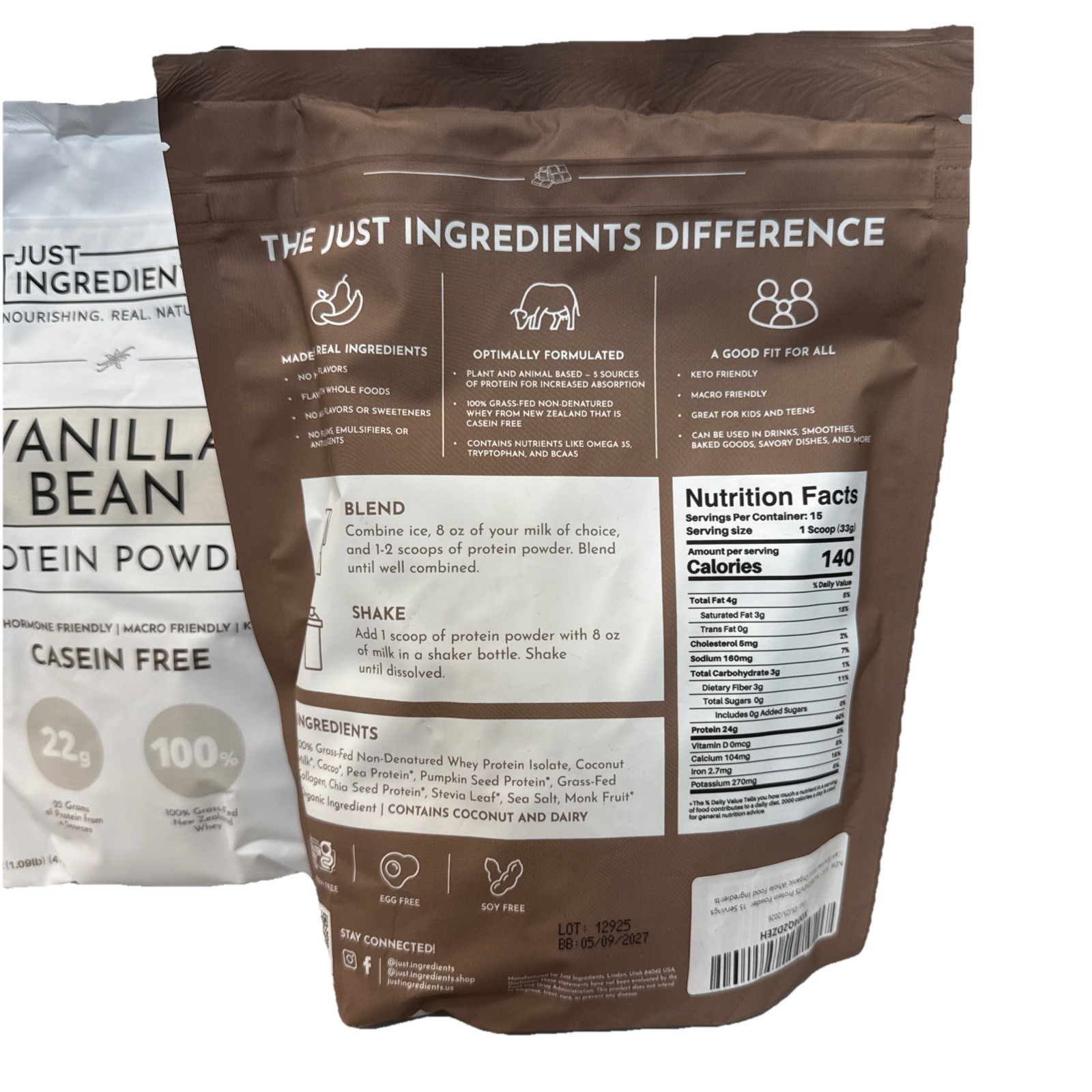 Just Ingredients Protein Powder Bundle Vanilla Bean&Chocolate Each 17.4 Oz 🔥🔥