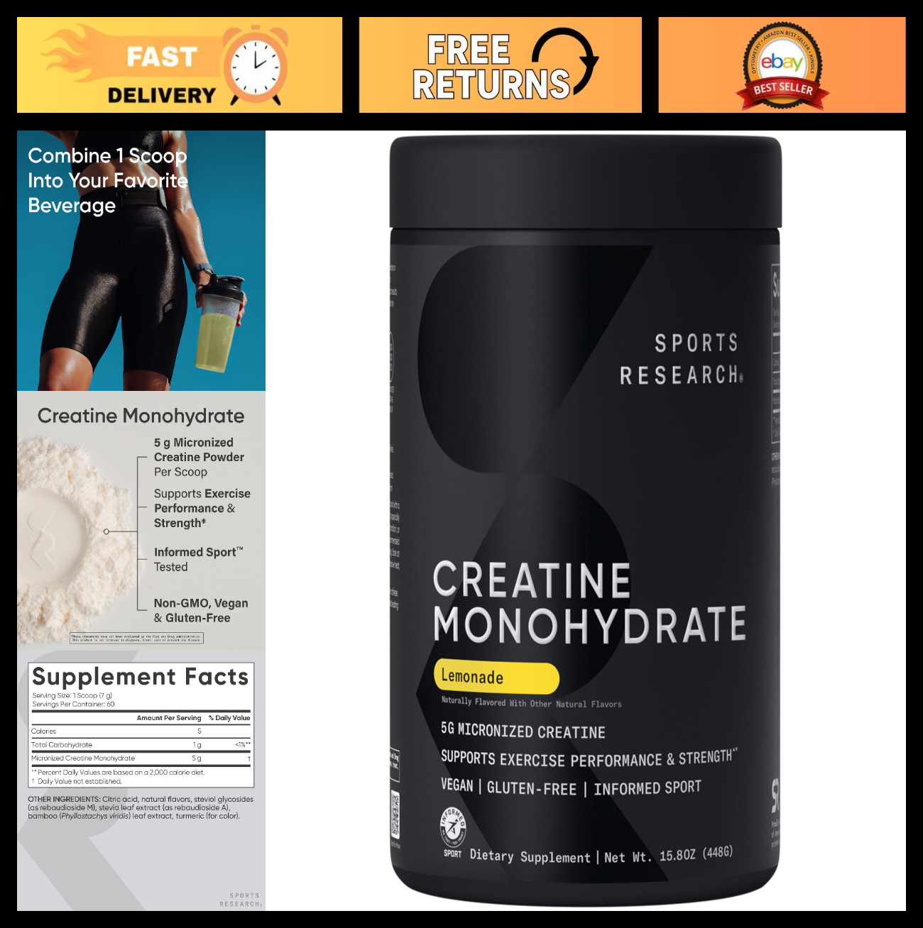 Creatine Monohydrate Powder 5g – Lemonade Flavor, 60 Servings | Lean Muscle Gain