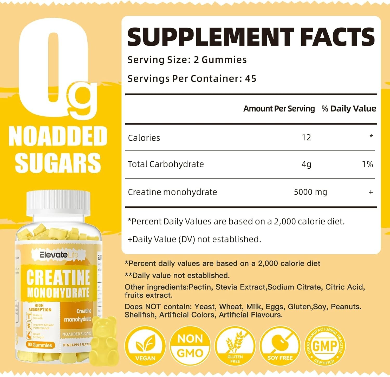 ElevateLife Creatine Monohydrate Gummies 5000mg for Men & Women Chewable 90