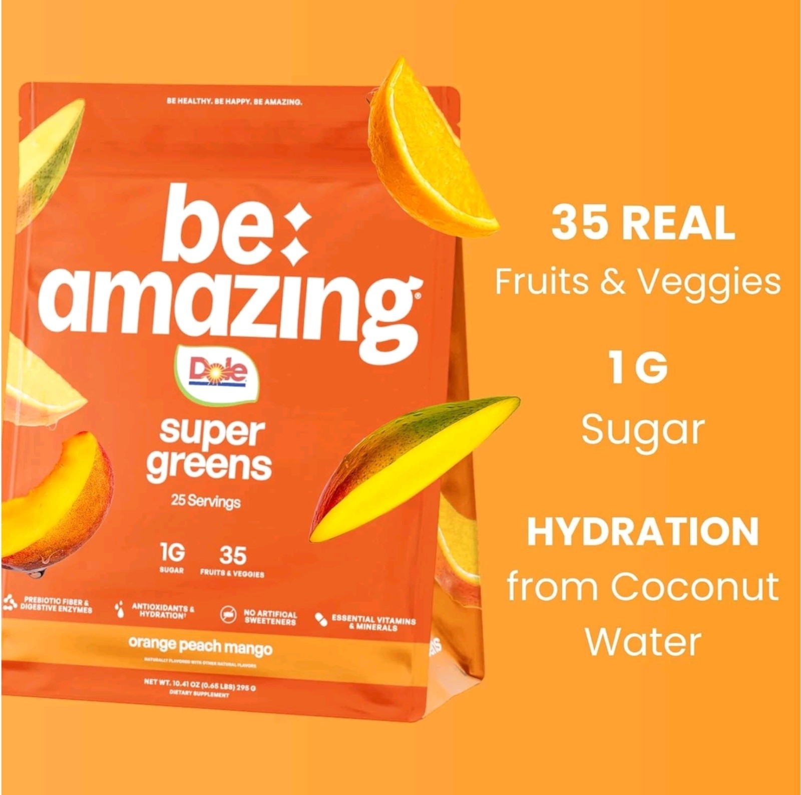 BE Amazing SUPER GREENS 11 oz (25 Serv) Natural Orange Peach Mango BESTBY 10/26