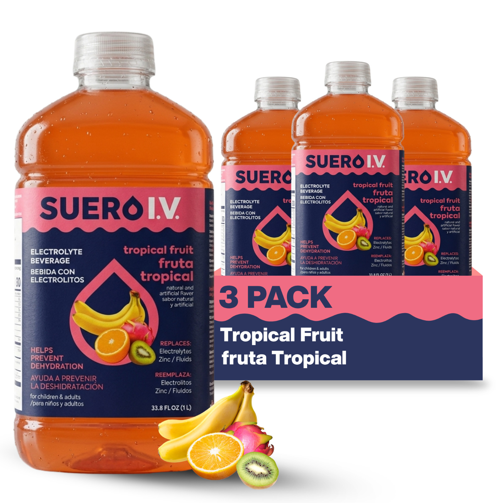Suero I.V. Electrolyte Drink, Tropical Fruit Flavor 33.8 fl oz -Hydrate (3-Pack)