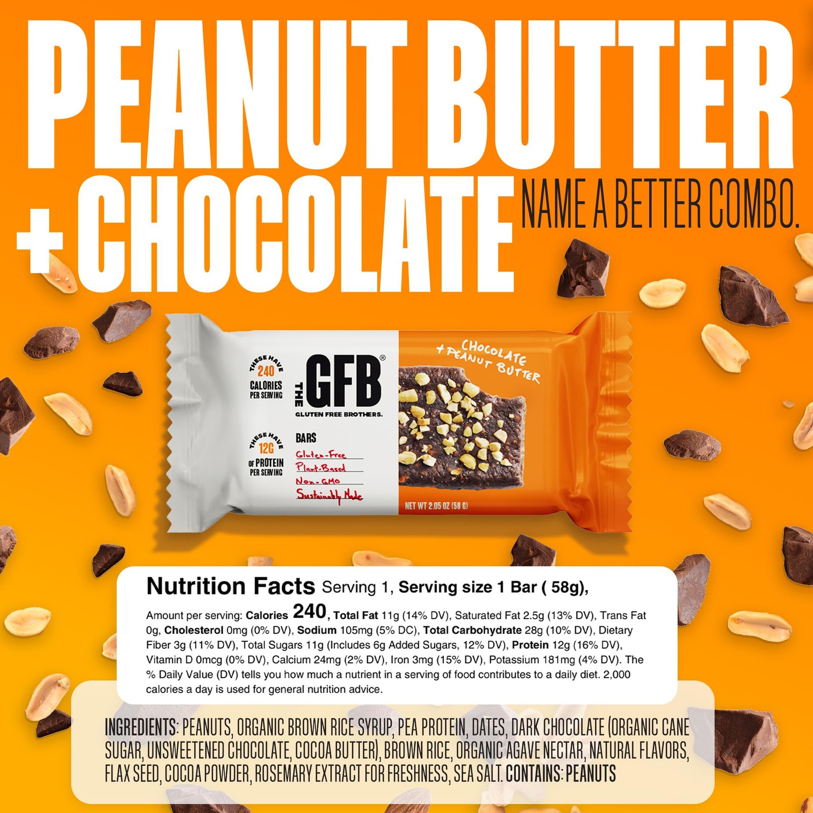 GFB Chocolate Peanut Butter Protein Bars – Gluten-Free, Plant-Based, Non-GMO