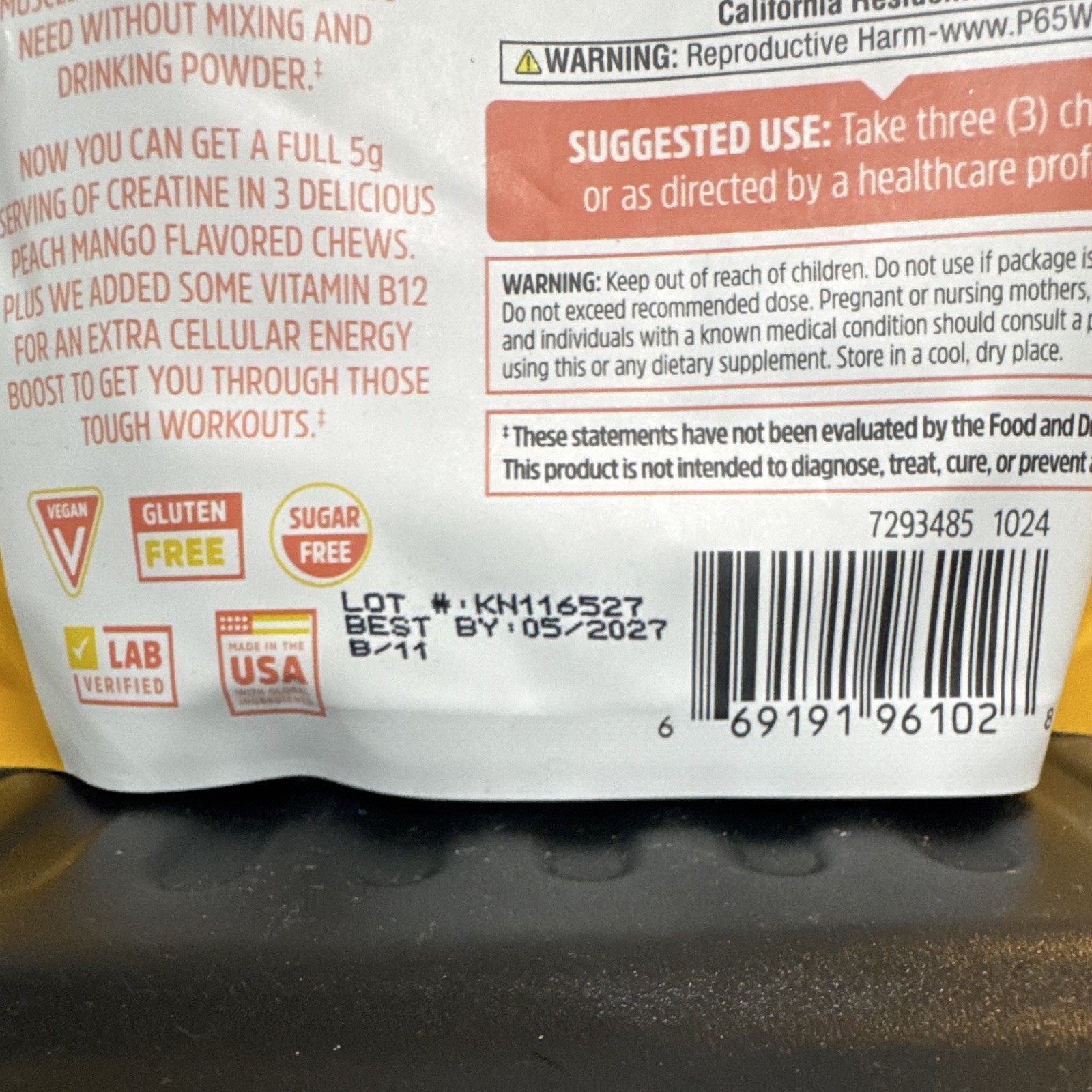 ZHOU Creatine Monohydrate Chews Peach Mango 60ct Vegan Sugar Free 5g