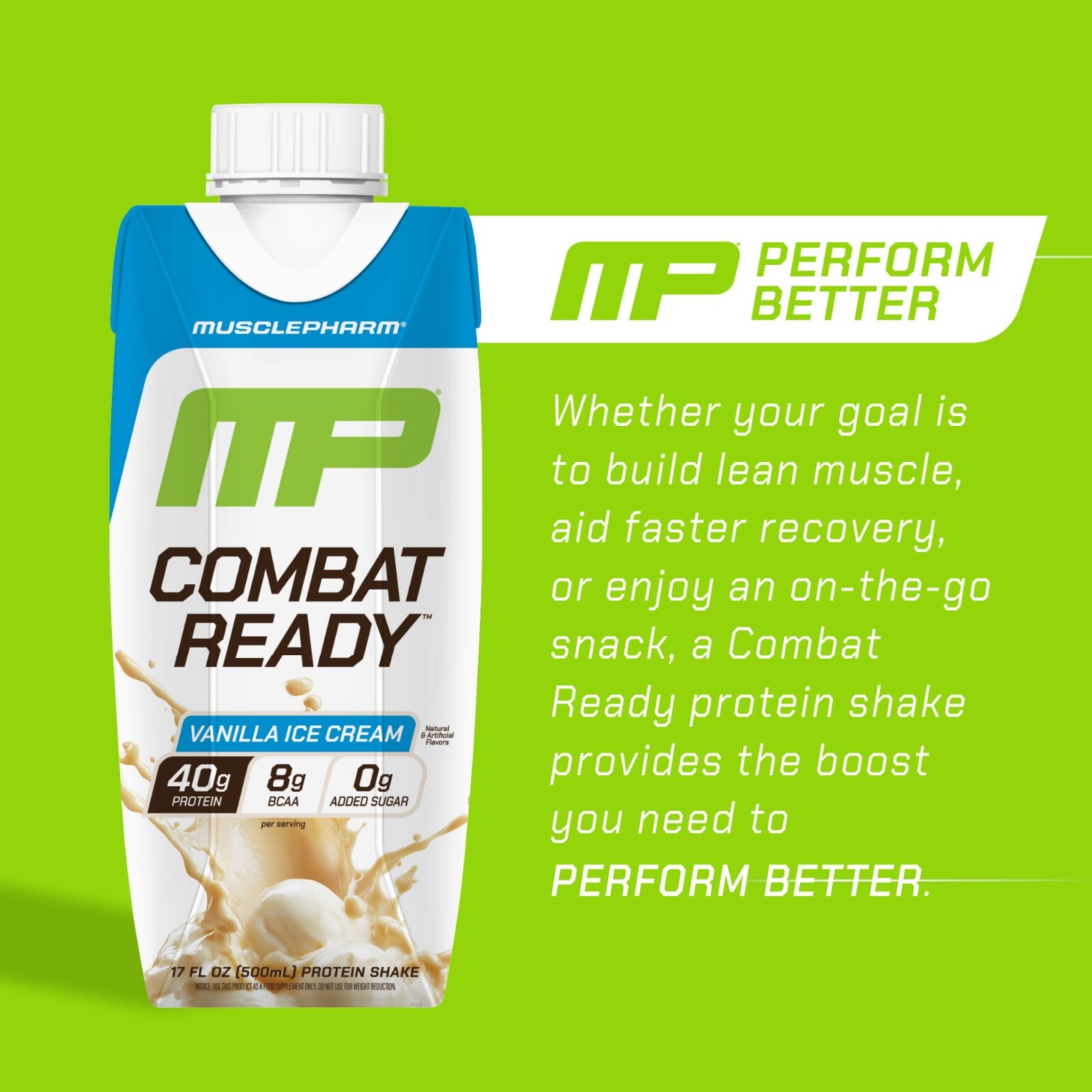 MusclePharm Combat Ready Protein Shake Ready to Drink, Vanilla Ice Cream 12 pack