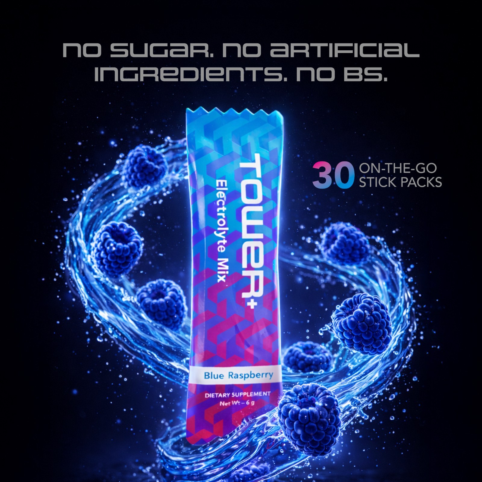 Tower+ Electrolyte Mix Blue Raspberry 30 Stick Packs Sugar Free Hydration