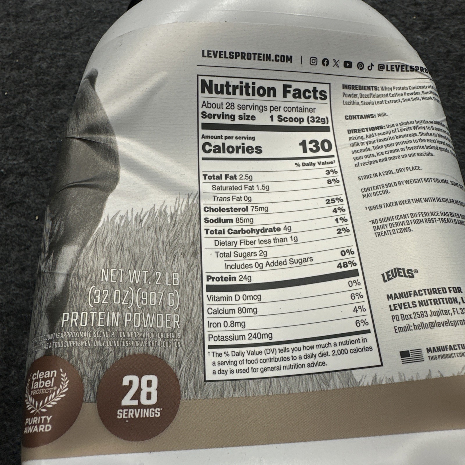 Levels Grass Fed Whey Protein Powder, Chocolate Mocha, 2 lb (907 g)